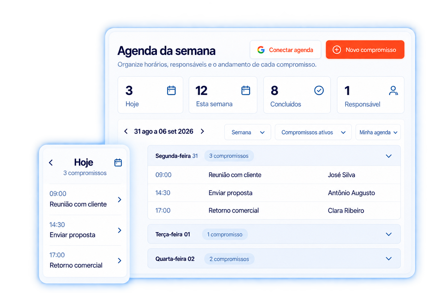 Agenda semanal do MeuCotador no computador e no celular