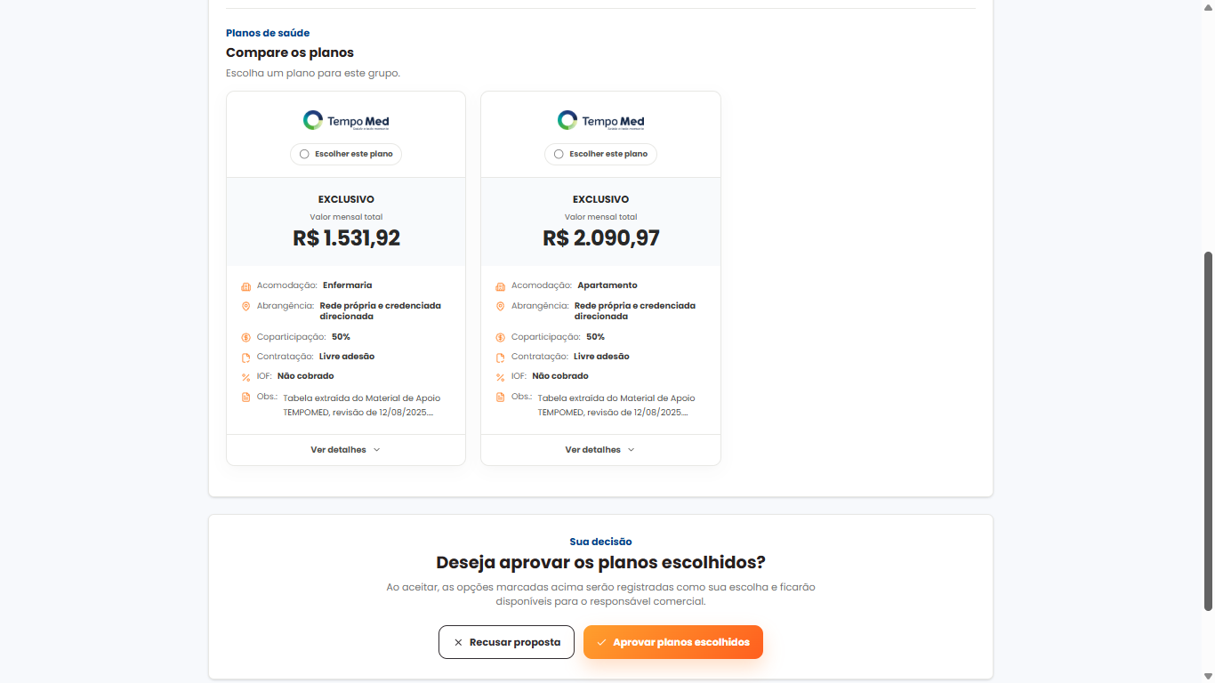 Tela de aprovação dos planos escolhidos