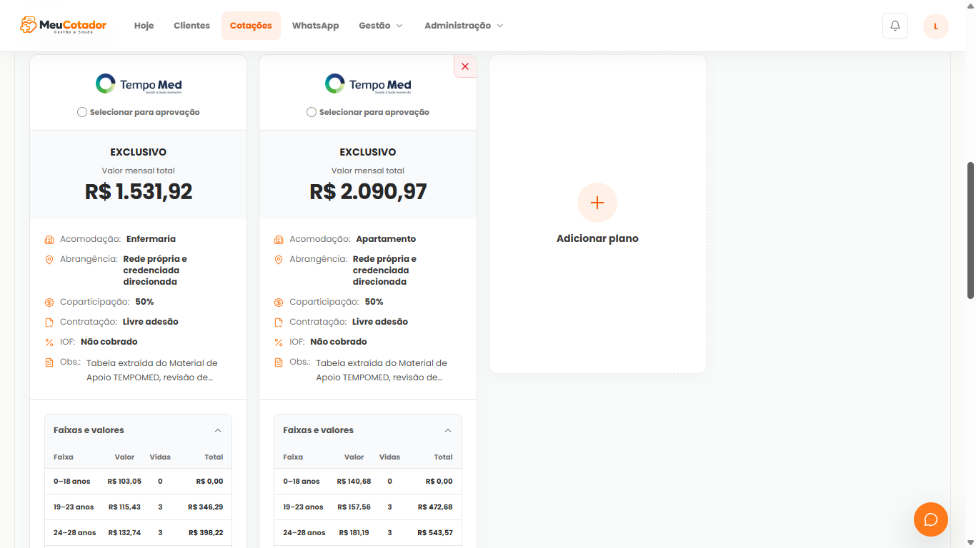 Comparação dos planos selecionados no MeuCotador
